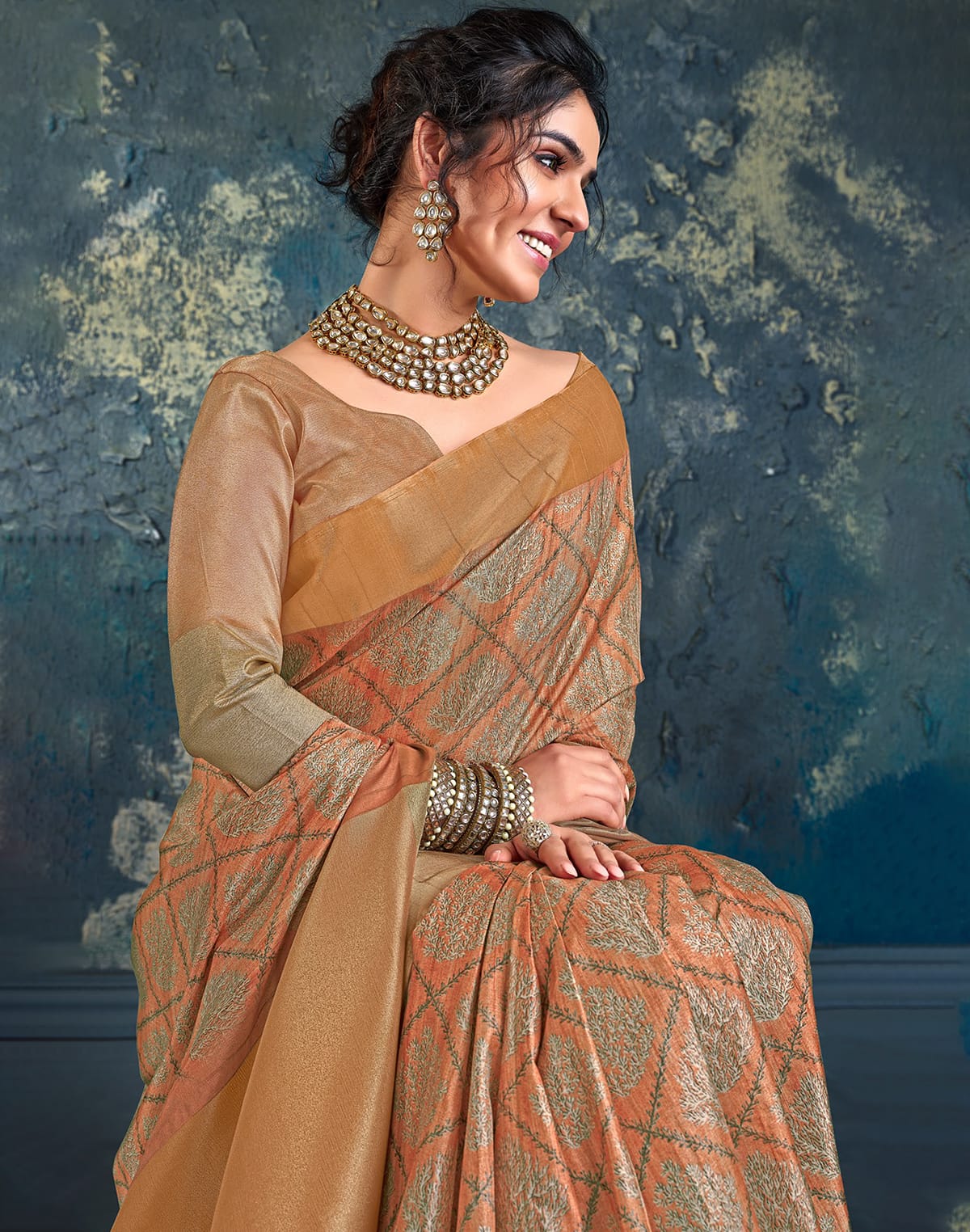 Collection of Orange Coloured light weight Jute Saree in a gallery layout