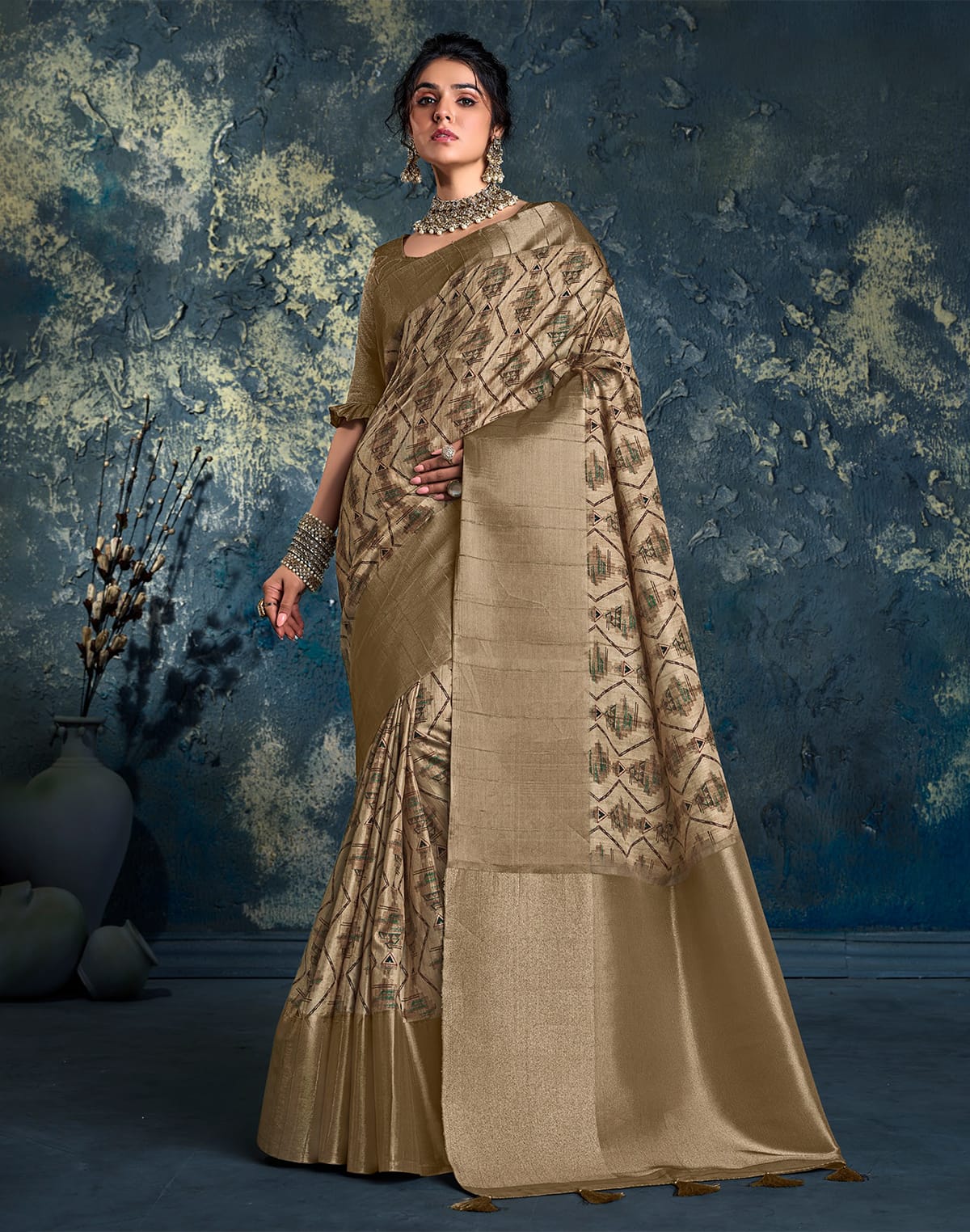 Brown Geometric Print Jute Fancy Saree