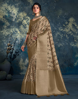 Collection of Brown Geometric Print Jute Fancy Saree in a gallery layout