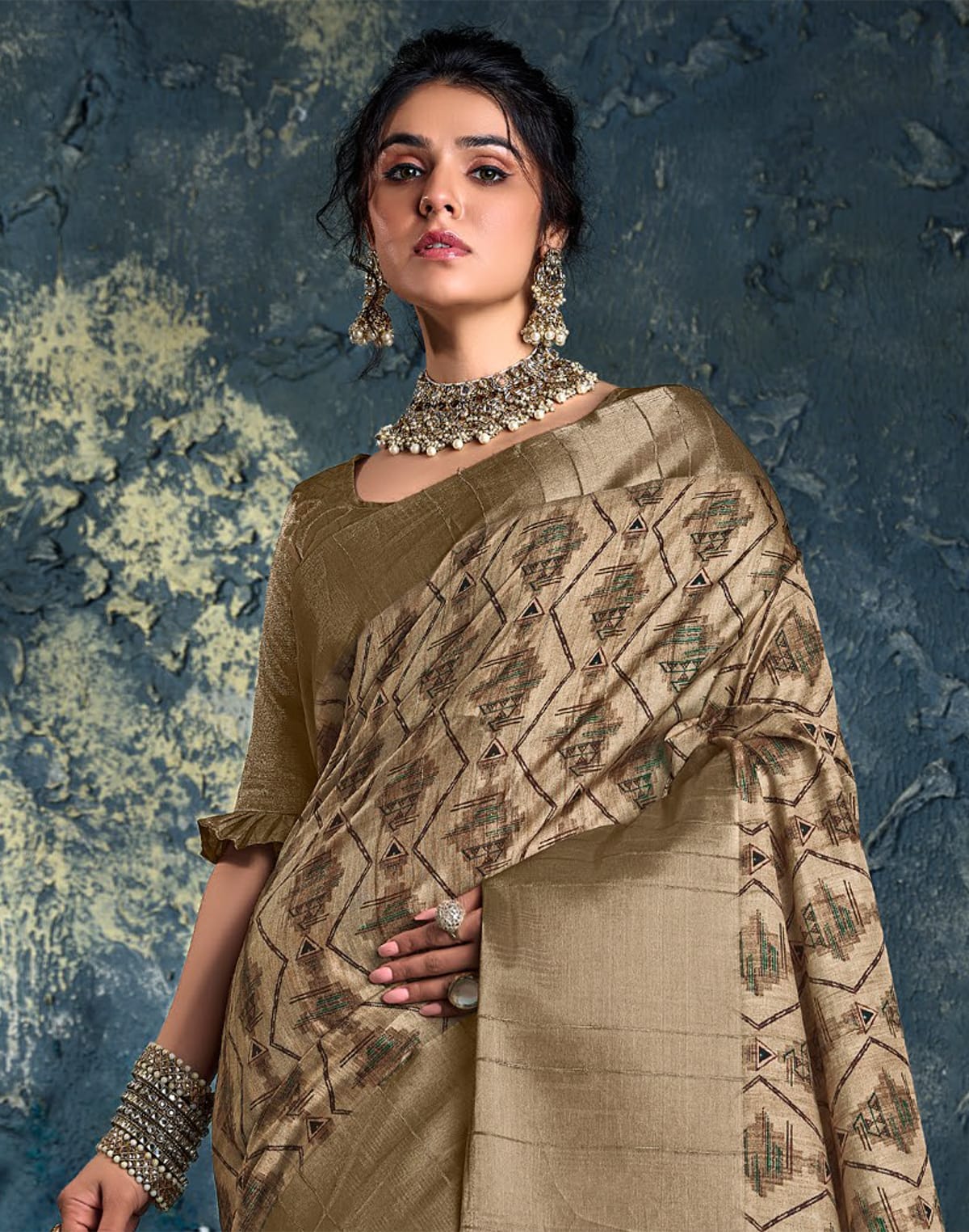 Brown Geometric Print Jute Fancy Saree