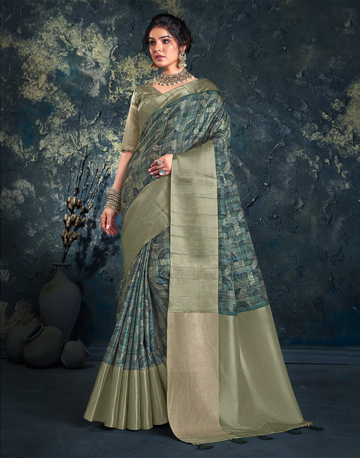 Collection of Graphic Print Green light weight Jute Saree in a gallery layout