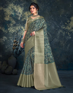 Collection of Graphic Print Green light weight Jute Saree in a gallery layout