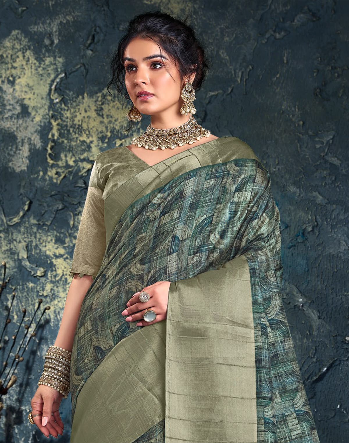 Collection of Graphic Print Green light weight Jute Saree in a gallery layout