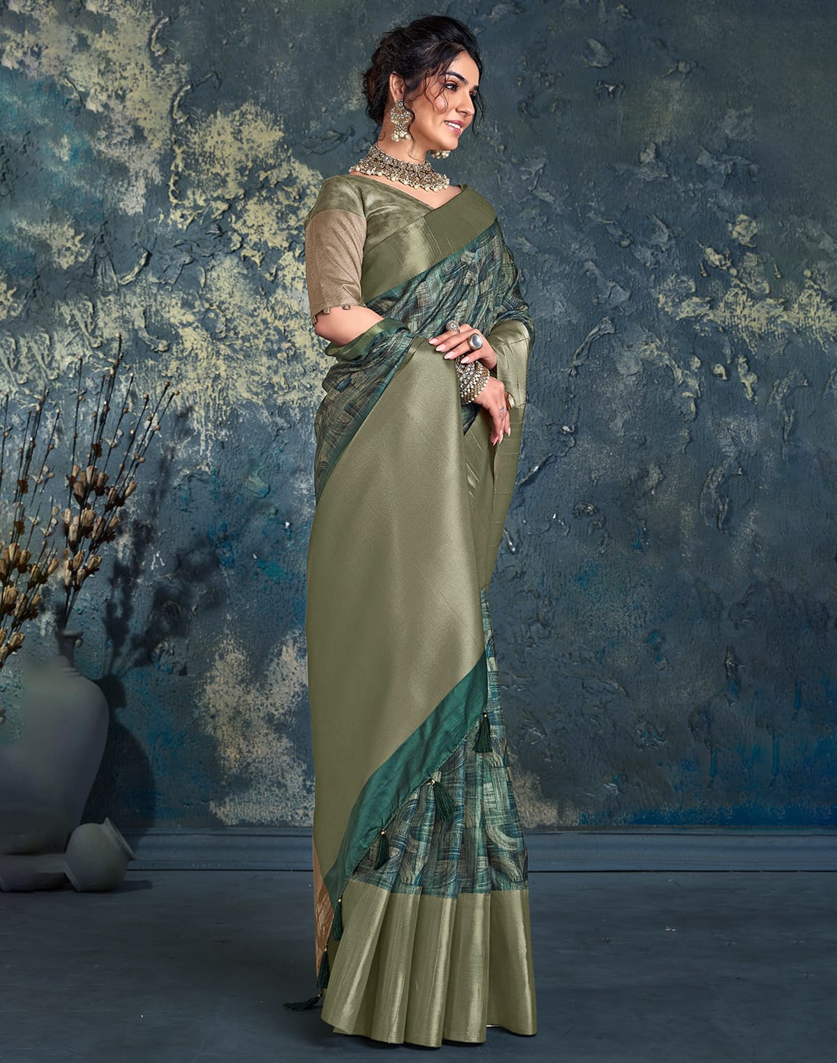 Collection of Graphic Print Green light weight Jute Saree in a gallery layout