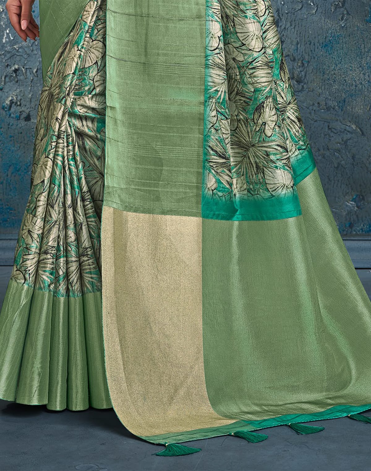 Collection of Green Plain Kaddi Border Jute Saree in a gallery layout