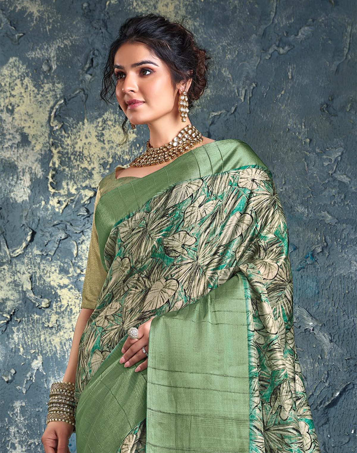 Collection of Green Plain Kaddi Border Jute Saree in a gallery layout