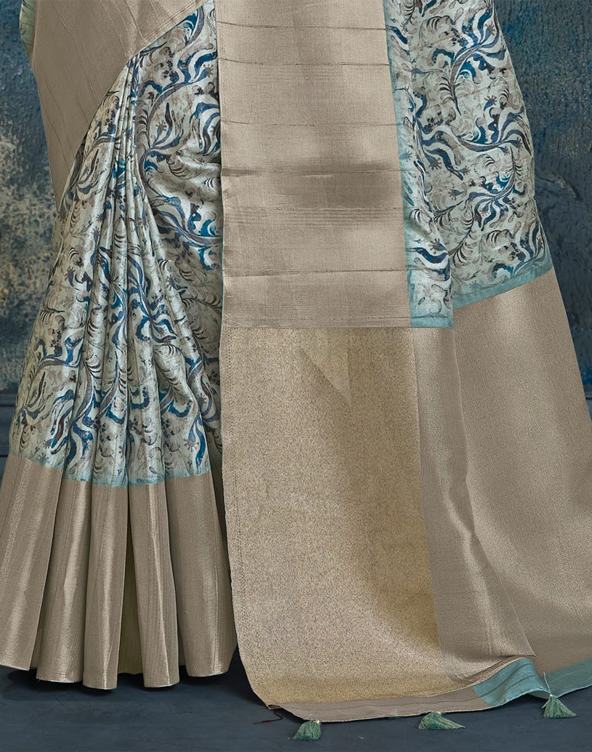 Cream Floral Print Jute Saree with Contrast Border