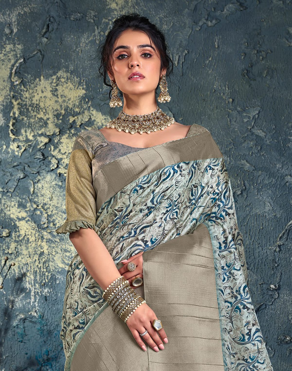 Collection of Cream Floral Print Jute Saree with Contrast Border in a gallery layout