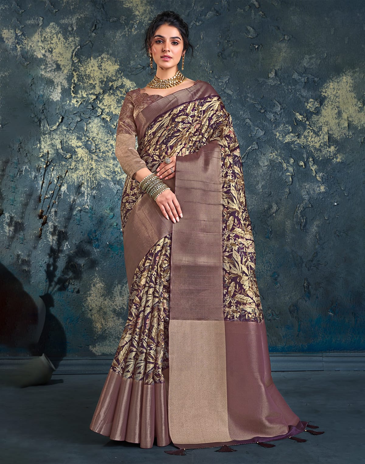 Voilet Floral Print Jute Fancy Saree