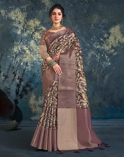 Collection of Voilet Floral Print Jute Fancy Saree in a gallery layout