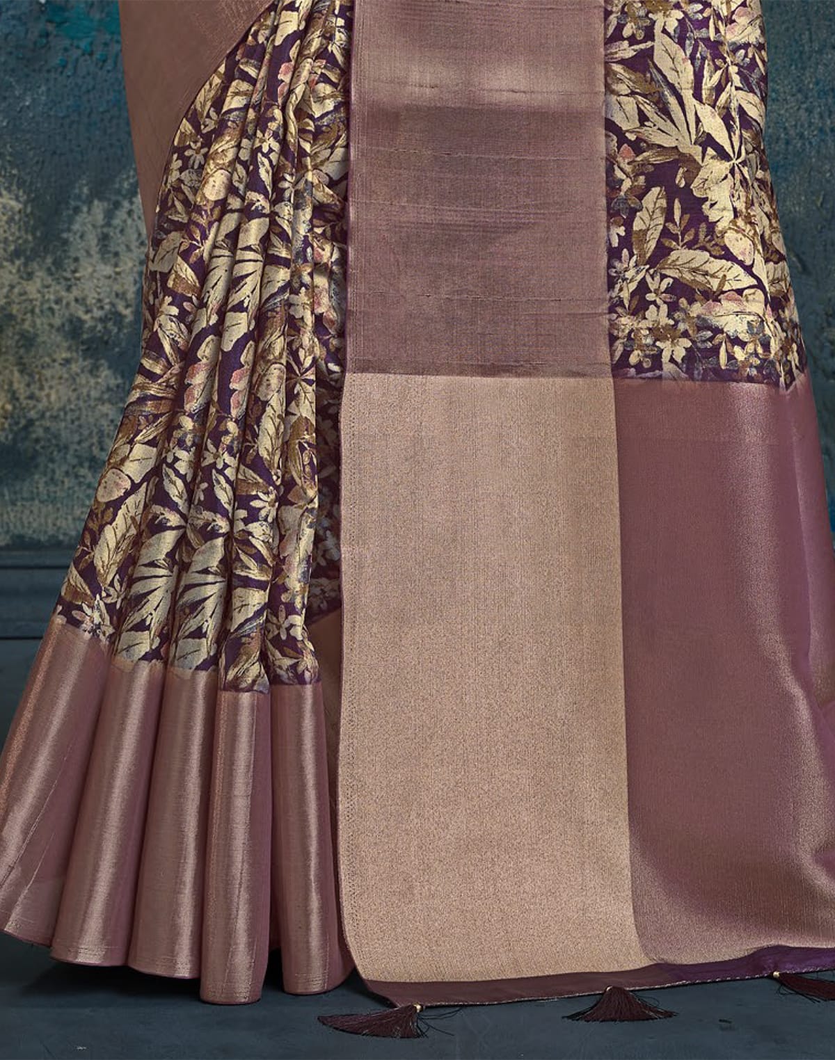 Collection of Voilet Floral Print Jute Fancy Saree in a gallery layout