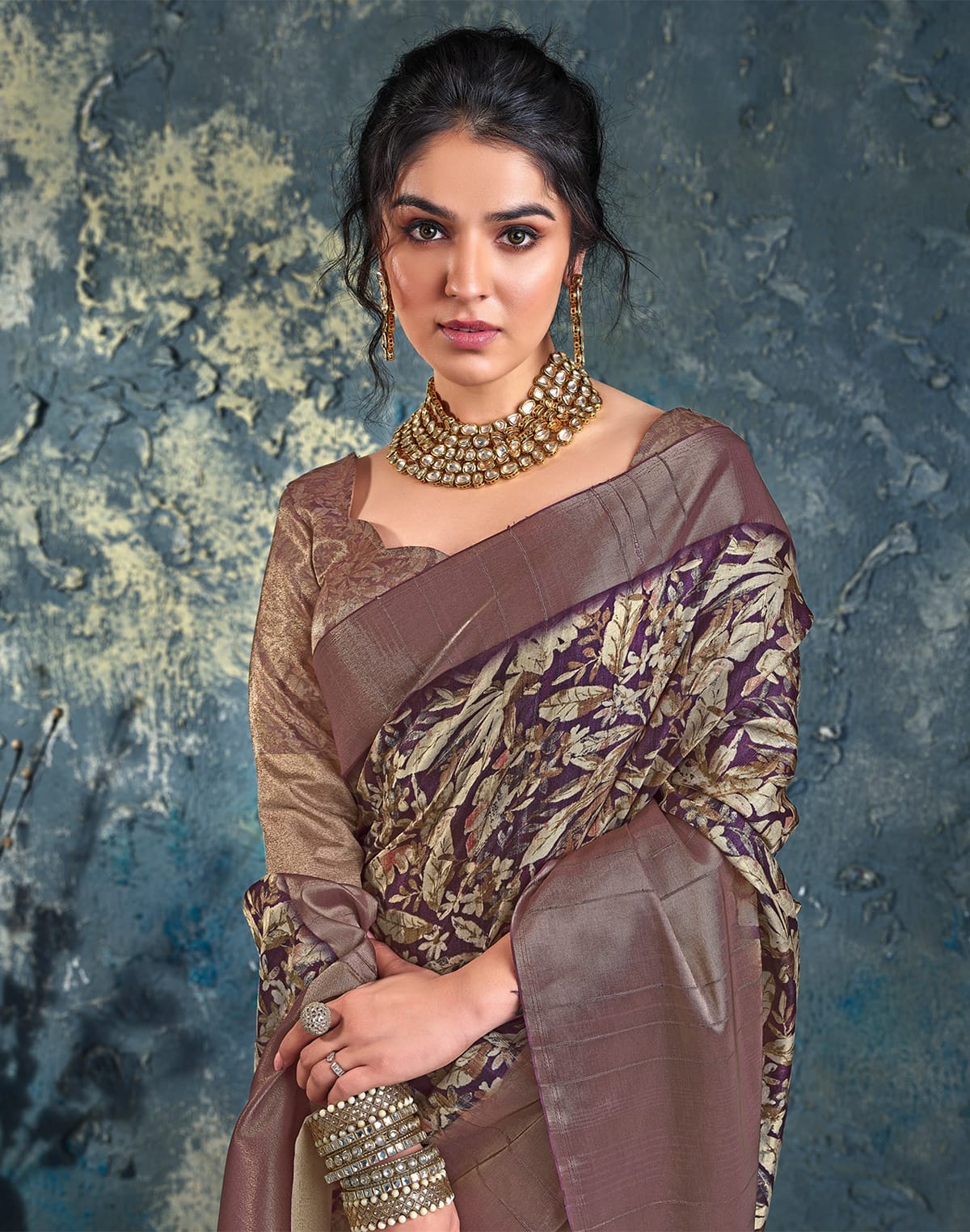 Collection of Voilet Floral Print Jute Fancy Saree in a gallery layout