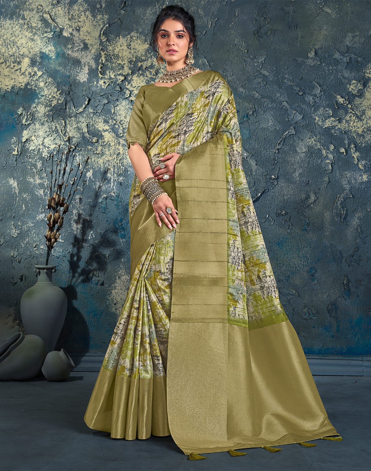 Collection of Parrot Green light weight Jute Designer Saree in a gallery layout