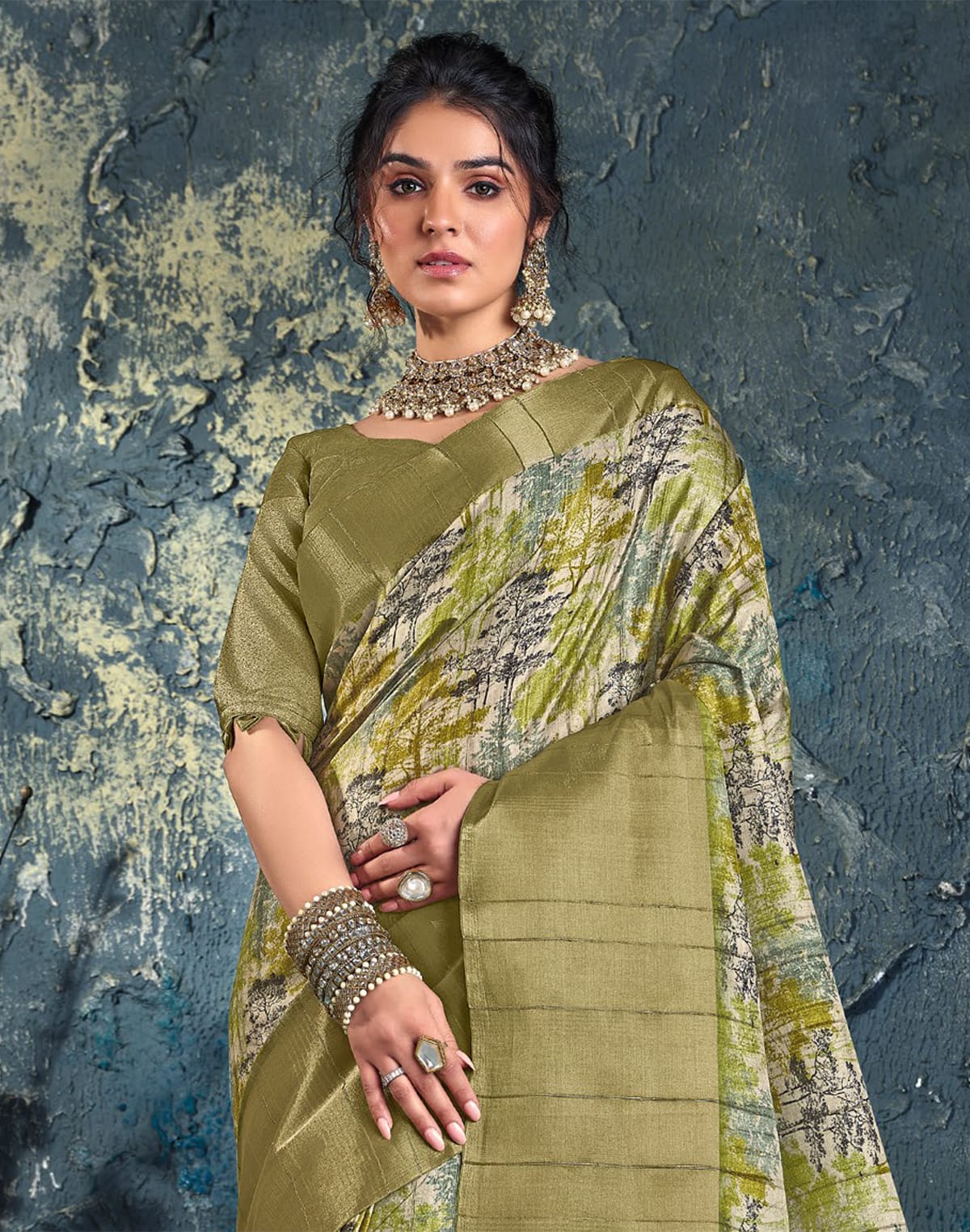 Collection of Parrot Green light weight Jute Designer Saree in a gallery layout