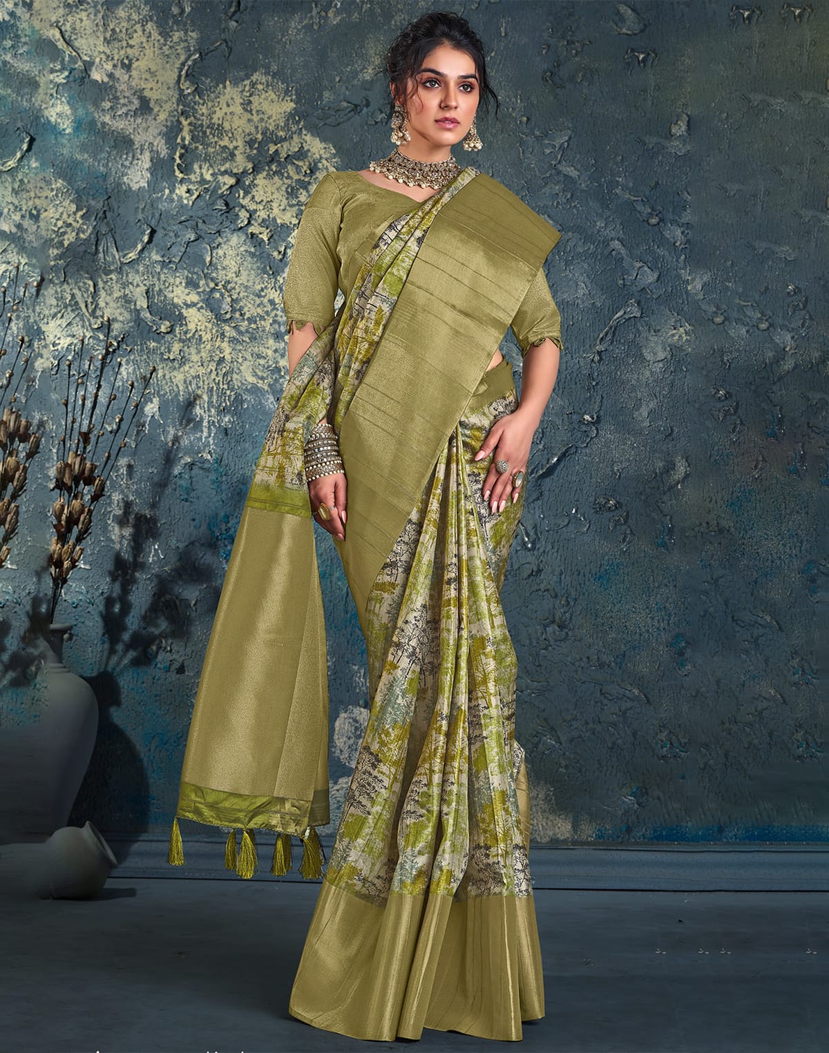 Collection of Parrot Green light weight Jute Designer Saree in a gallery layout