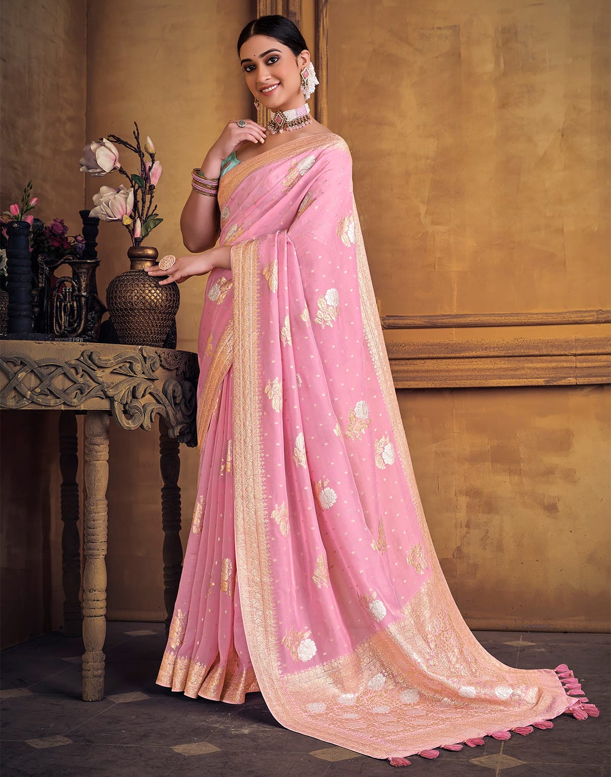 Pink Coloured Banaras in Dola Silk Saree