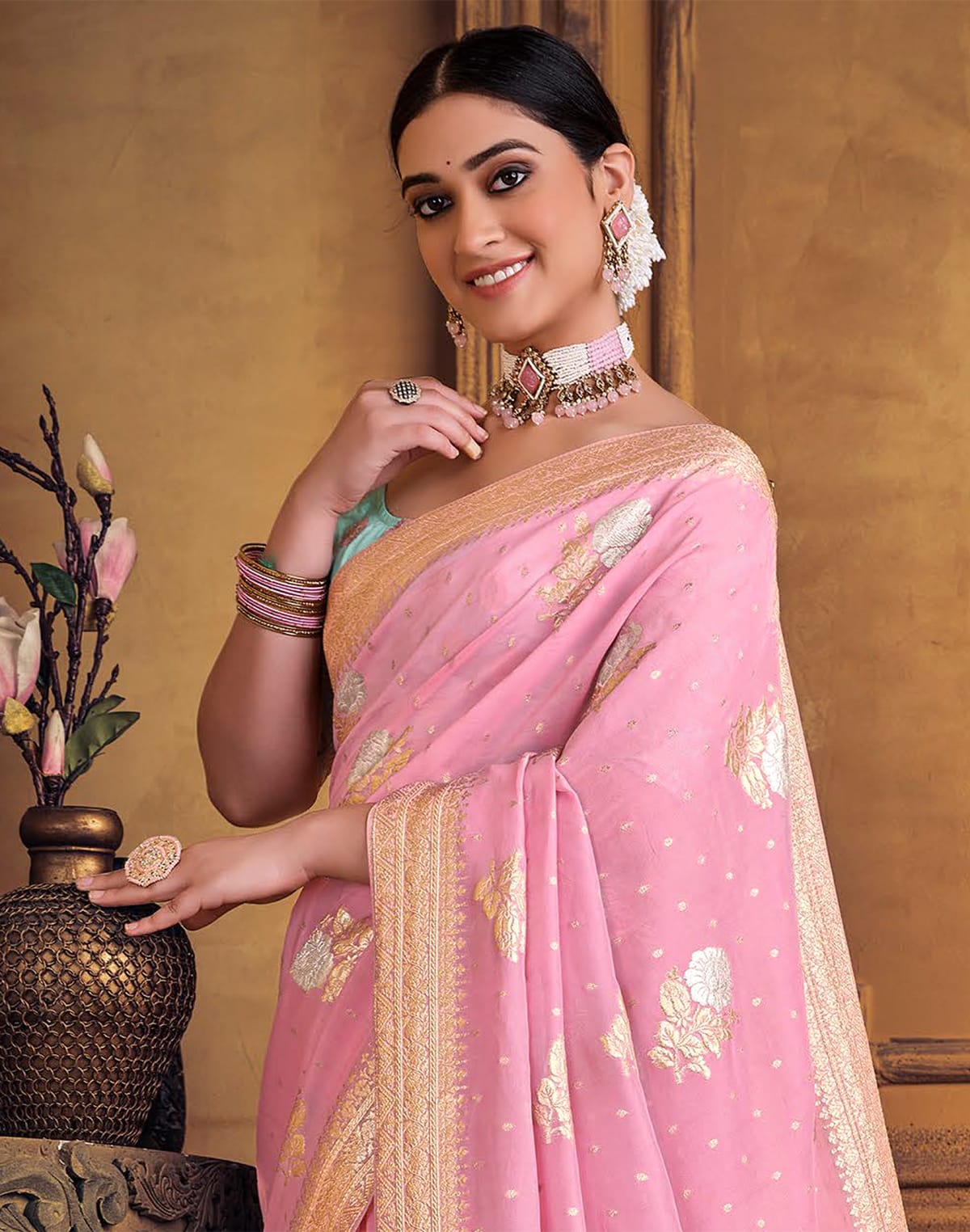 Pink Coloured Banaras in Dola Silk Saree