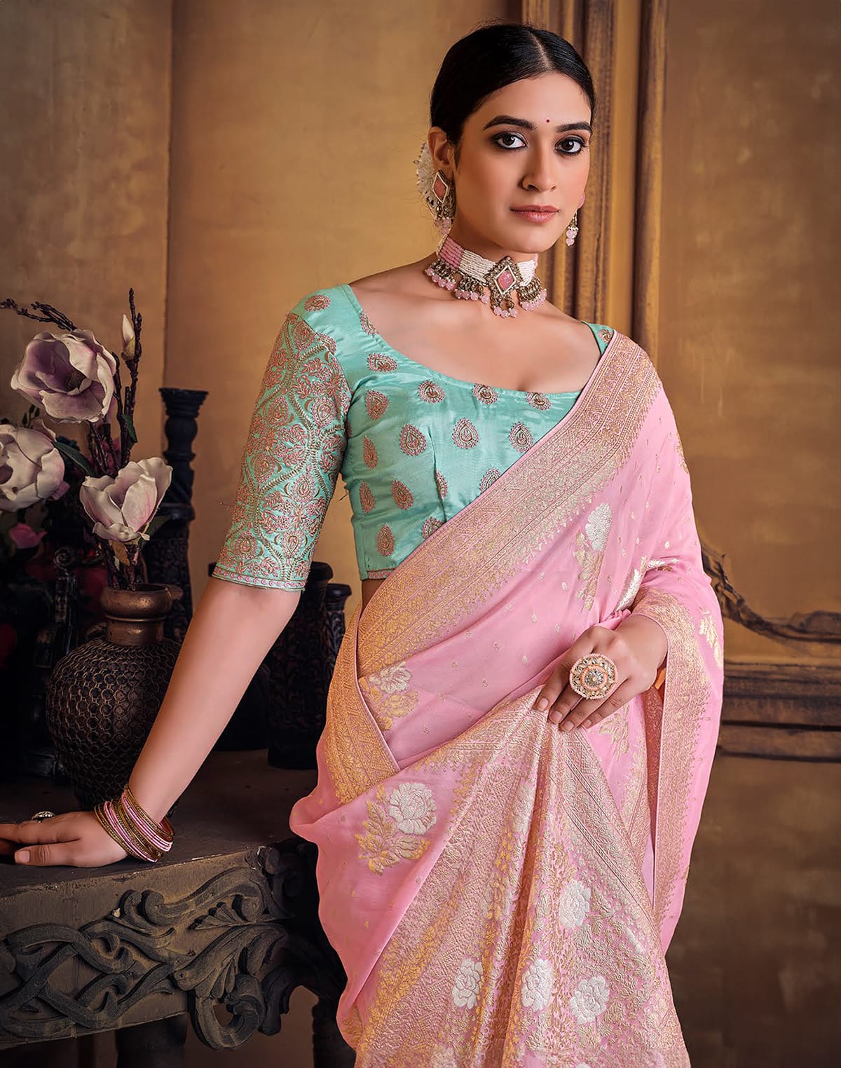 Collection of Pink Coloured Banaras in Dola Silk Saree in a gallery layout