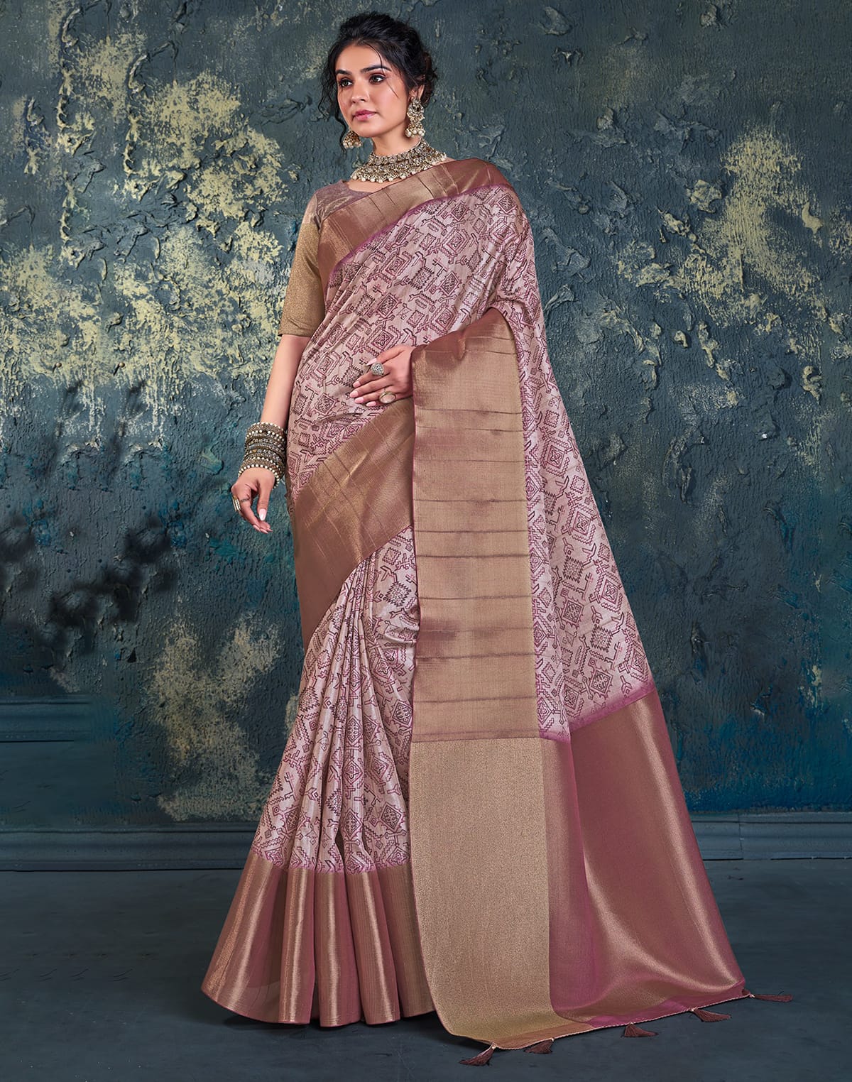 Collection of Peach Plain Kaddi Border Jute Saree in a gallery layout