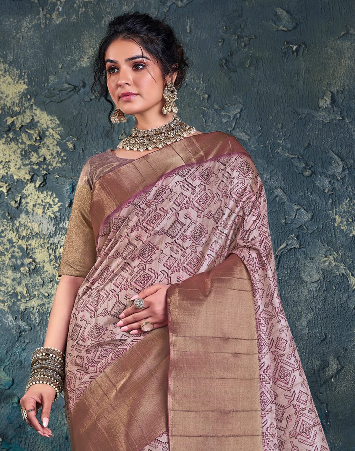 Collection of Peach Plain Kaddi Border Jute Saree in a gallery layout