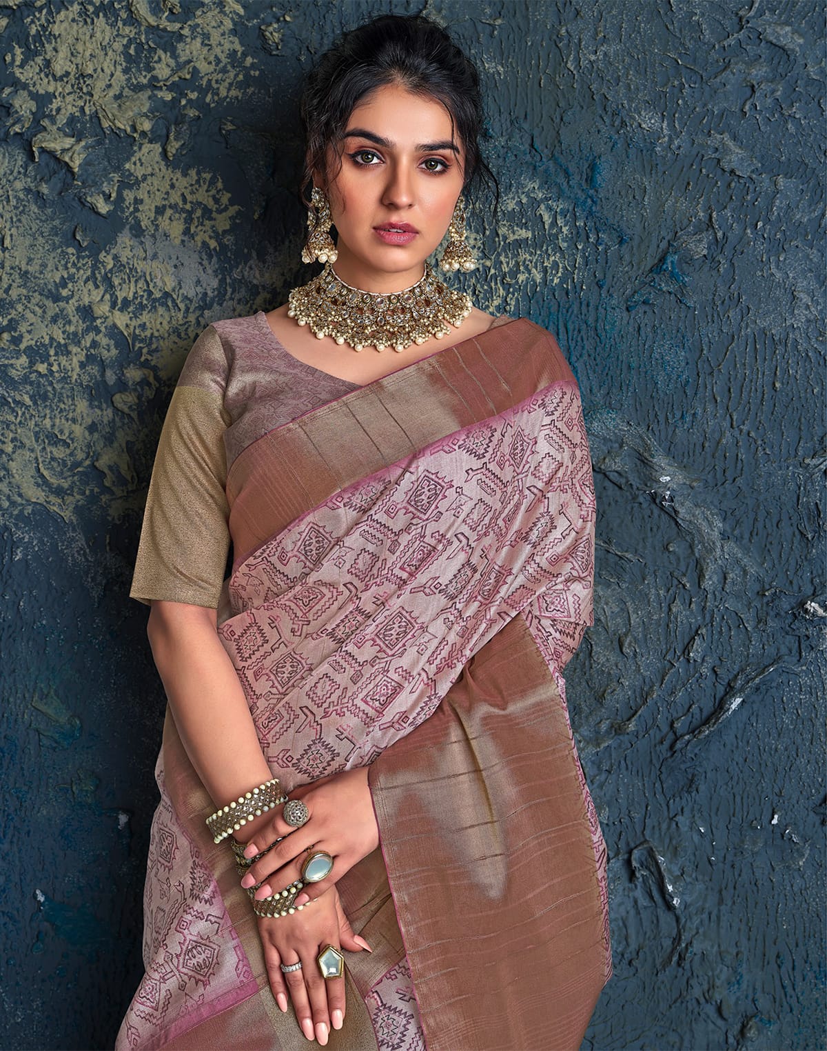 Collection of Peach Plain Kaddi Border Jute Saree in a gallery layout