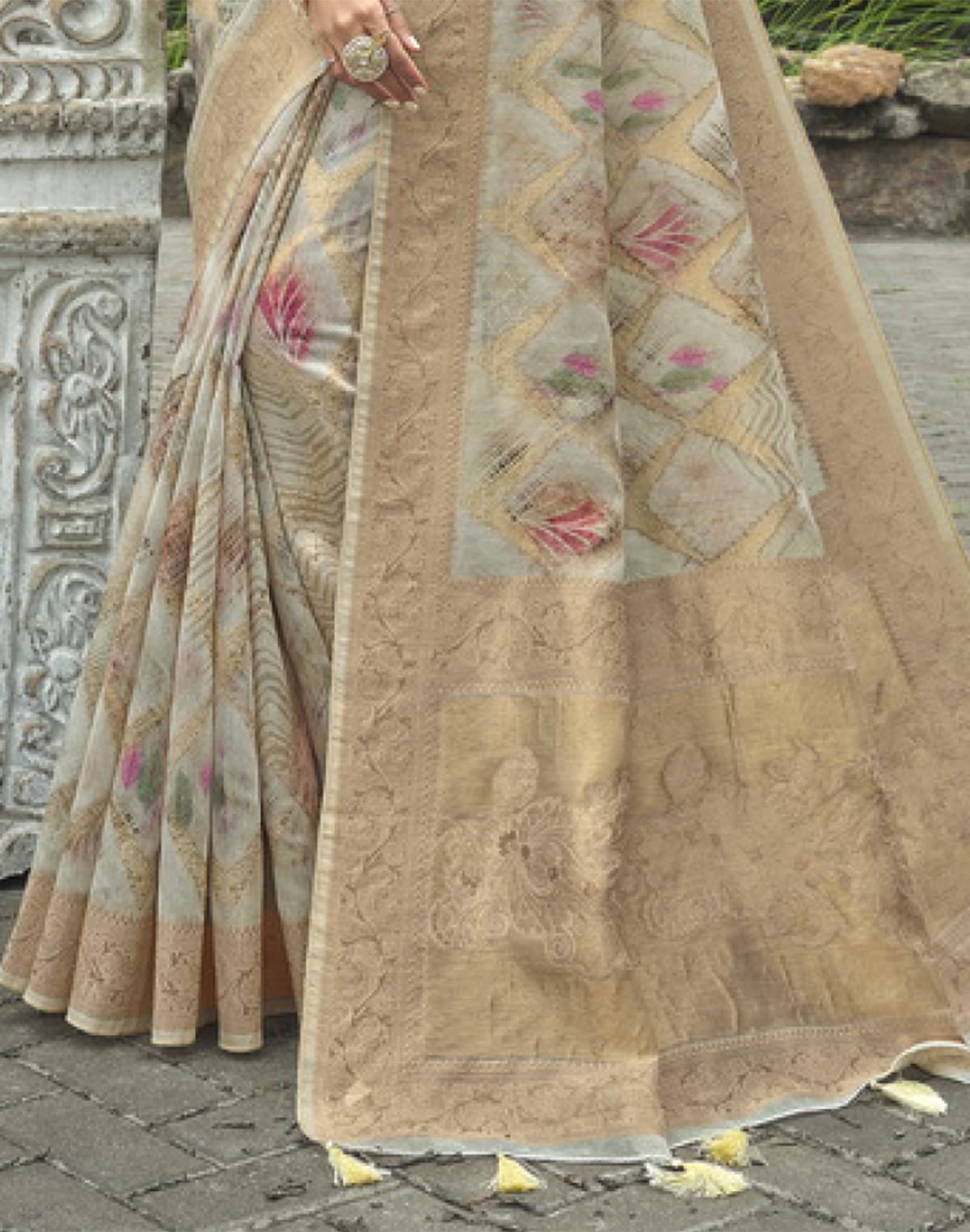 Collection of Light Grey Floral Weaving Fancy Jute Saree in a gallery layout