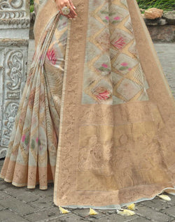 Collection of Light Grey Floral Weaving Fancy Jute Saree in a gallery layout