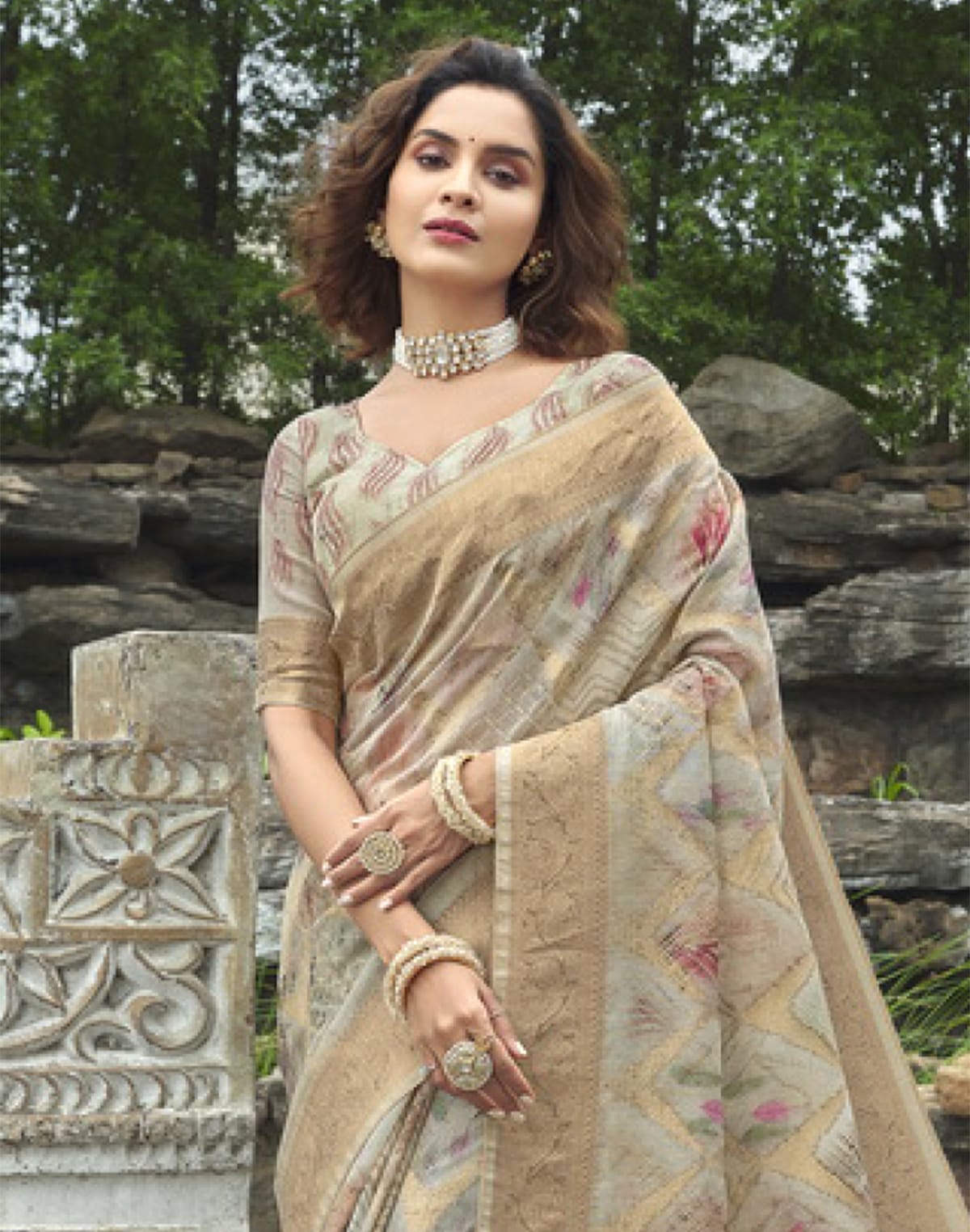 Collection of Light Grey Floral Weaving Fancy Jute Saree in a gallery layout