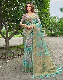 Collection of Beautiful Sea Green Floral Designer Jute Saree in a gallery layout