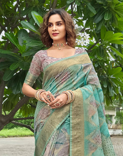 Collection of Beautiful Sea Green Floral Designer Jute Saree in a gallery layout