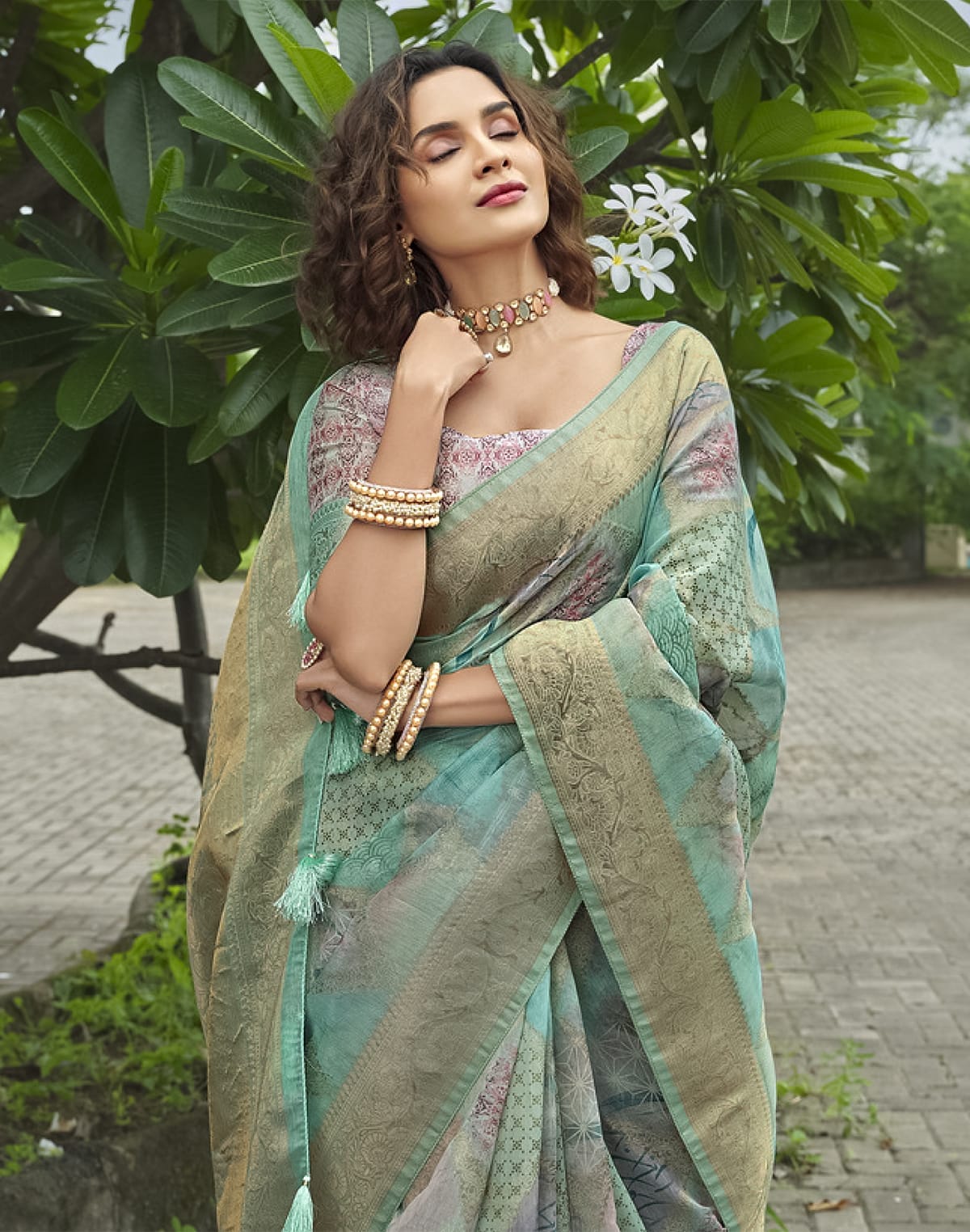 Beautiful Sea Green Floral Designer Jute Saree