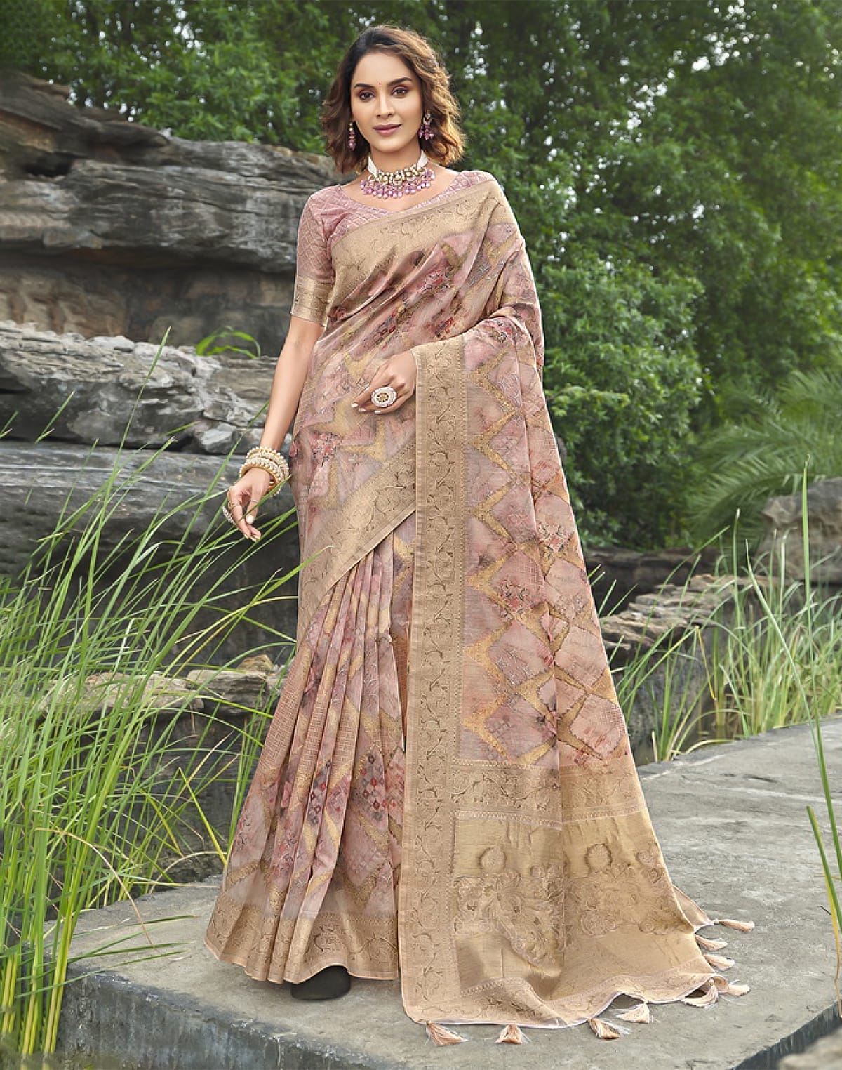 Collection of Stunning Light Pink Floral Soft Jute Saree in a gallery layout