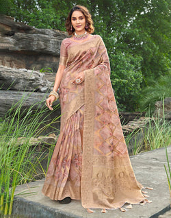 Collection of Stunning Light Pink Floral Soft Jute Saree in a gallery layout