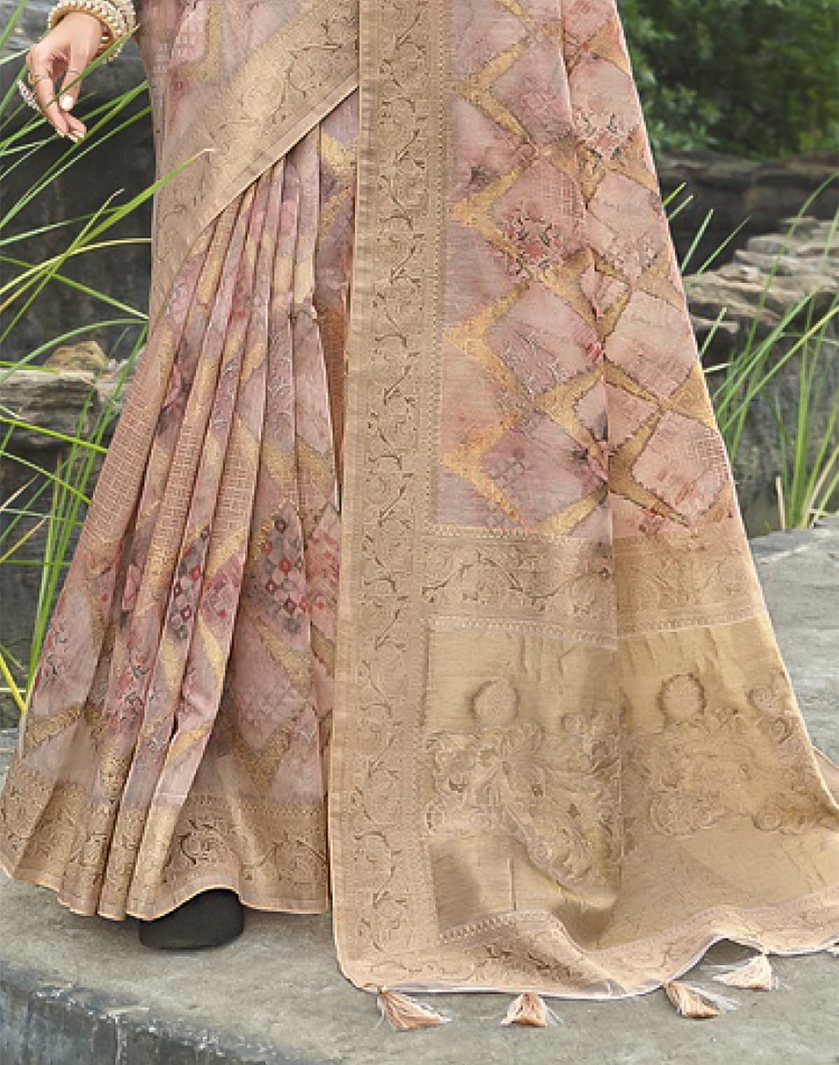 Collection of Stunning Light Pink Floral Soft Jute Saree in a gallery layout