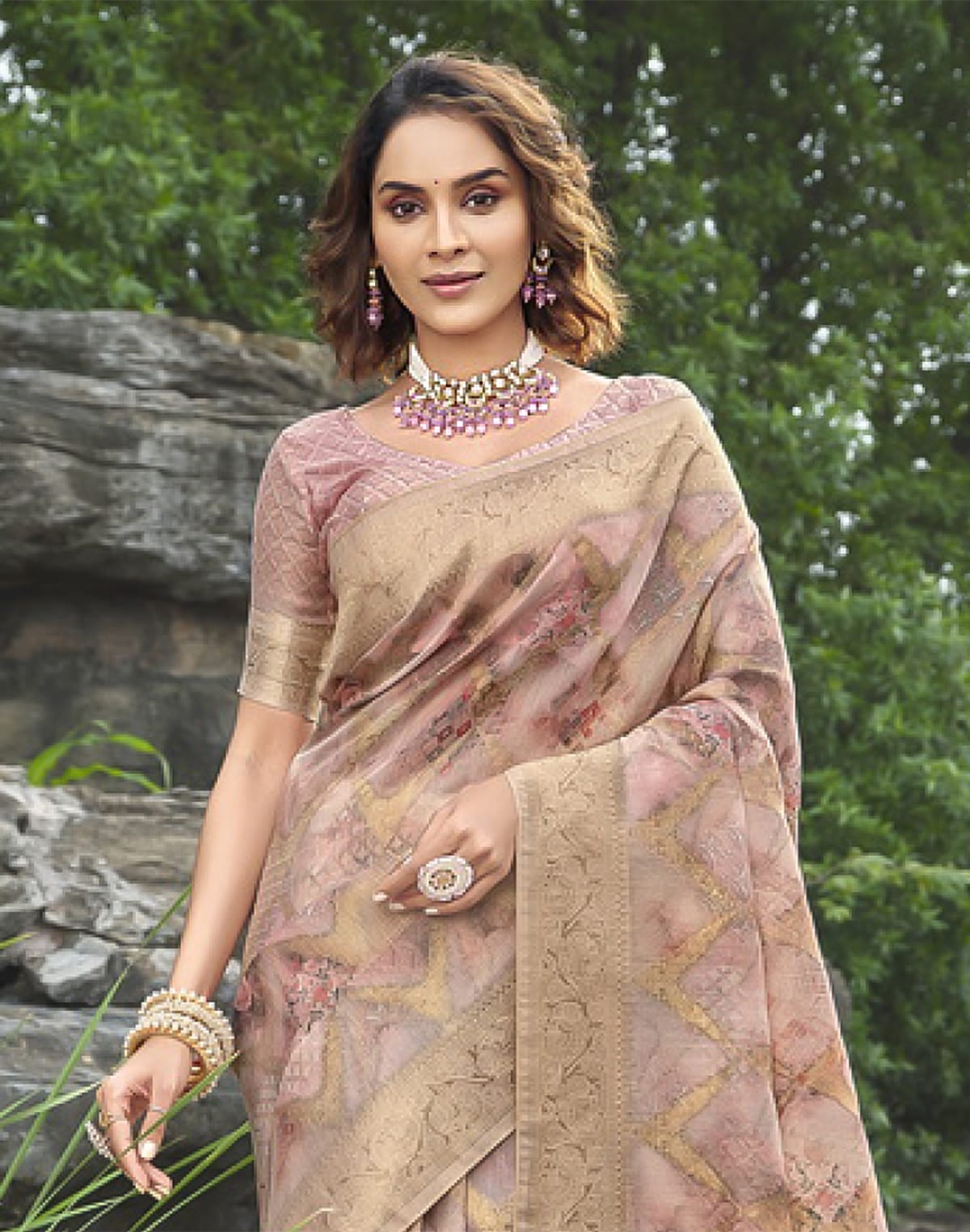 Collection of Stunning Light Pink Floral Soft Jute Saree in a gallery layout