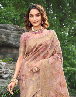 Collection of Stunning Light Pink Floral Soft Jute Saree in a gallery layout