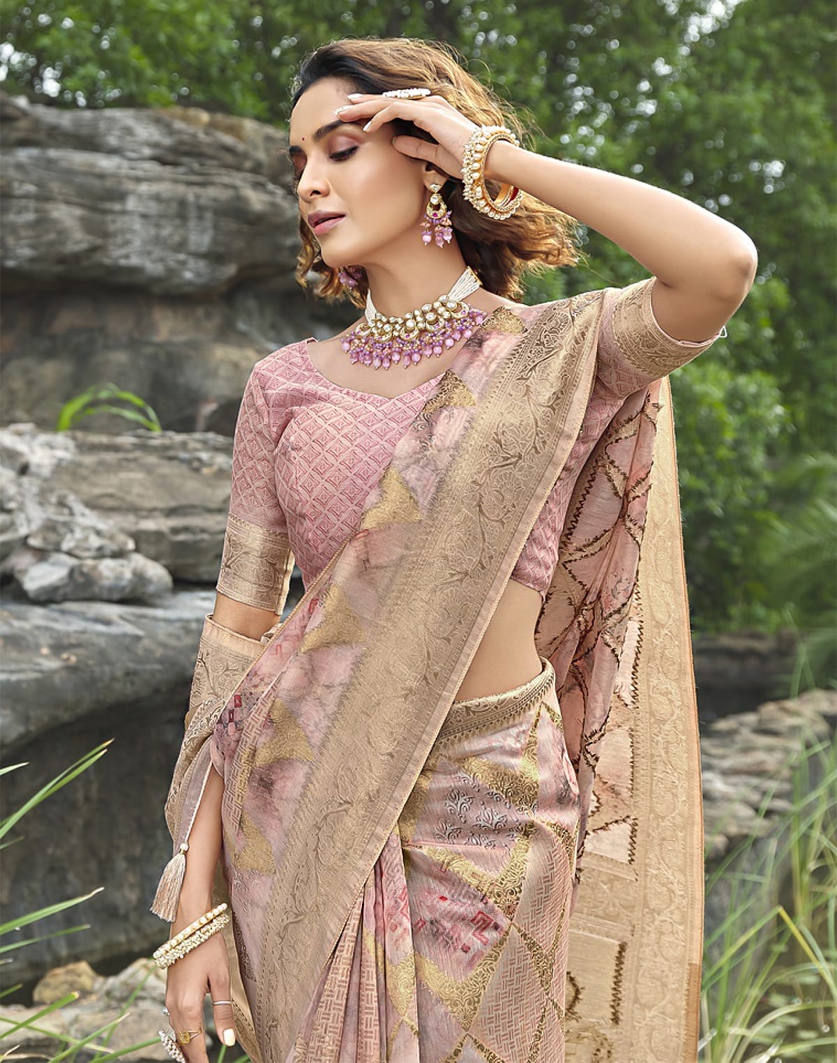 Collection of Stunning Light Pink Floral Soft Jute Saree in a gallery layout