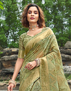 Collection of Gorgeous Light Green Jute Saree in a gallery layout