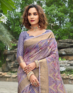 Collection of Attractive Violet Coloured Floral Jute Fancy Saree in a gallery layout