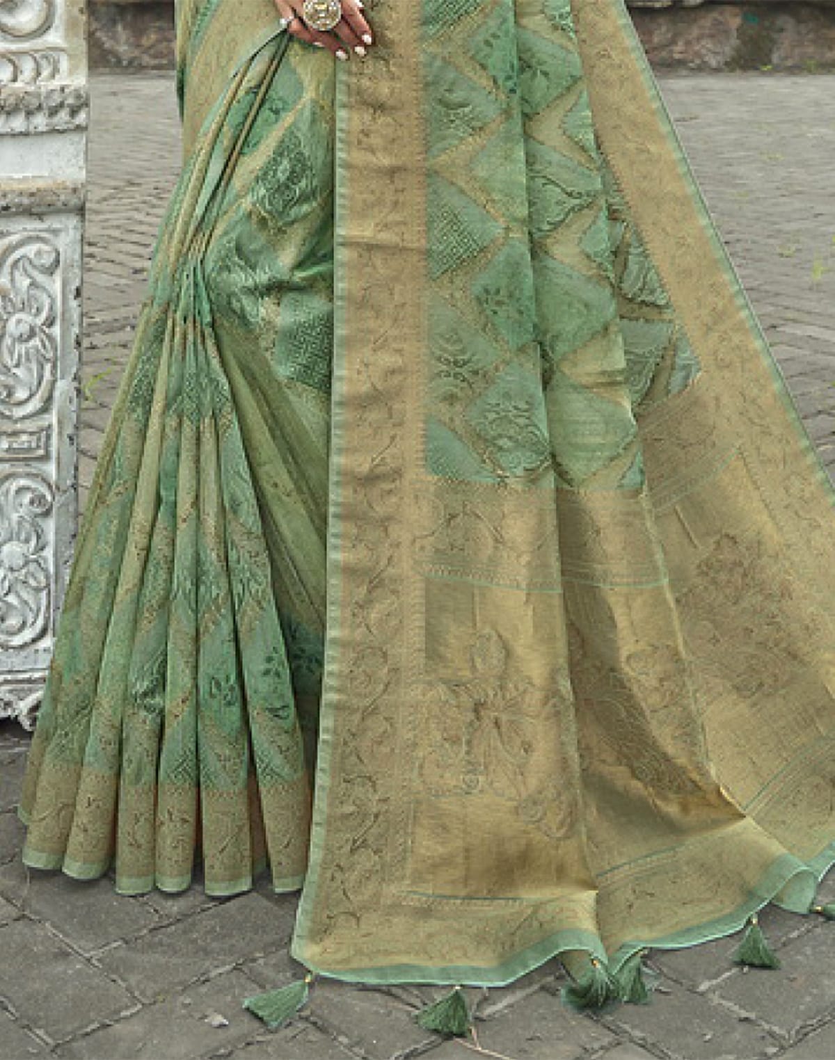 Collection of Green Coloured Floral Weaving Fancy Jute Saree in a gallery layout