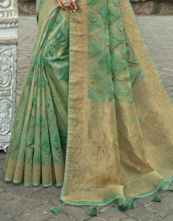 Collection of Green Coloured Floral Weaving Fancy Jute Saree in a gallery layout