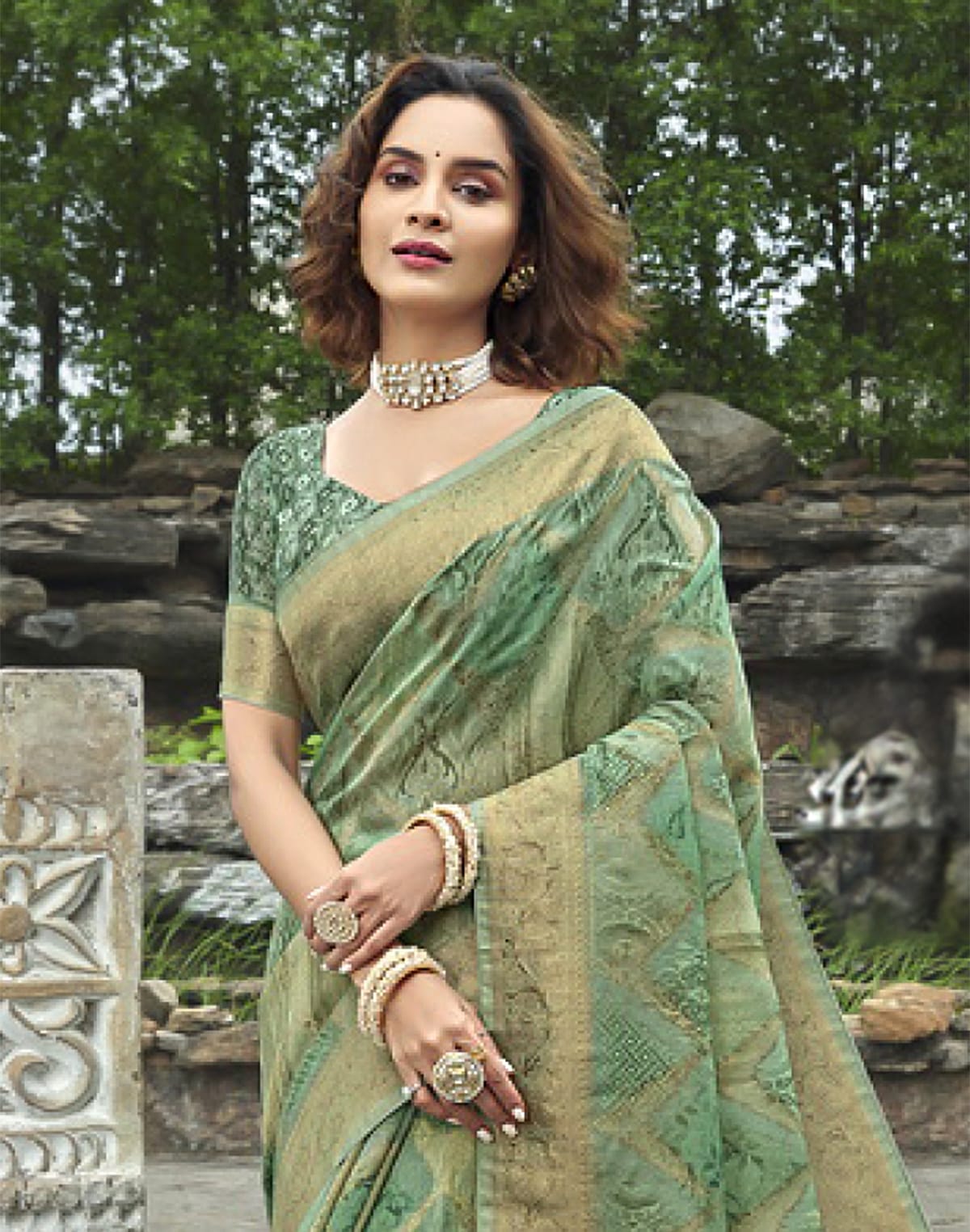 Collection of Green Coloured Floral Weaving Fancy Jute Saree in a gallery layout