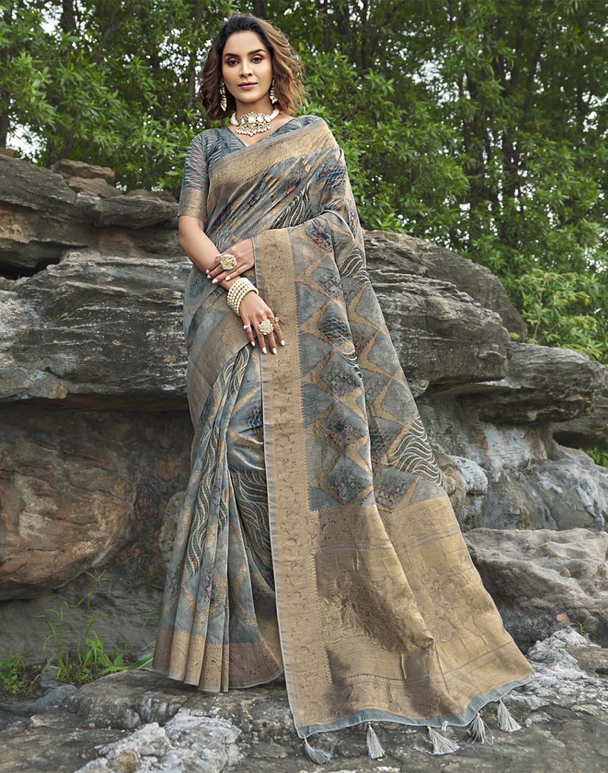 Collection of Light Blue Floral Jute Fancy Saree in a gallery layout