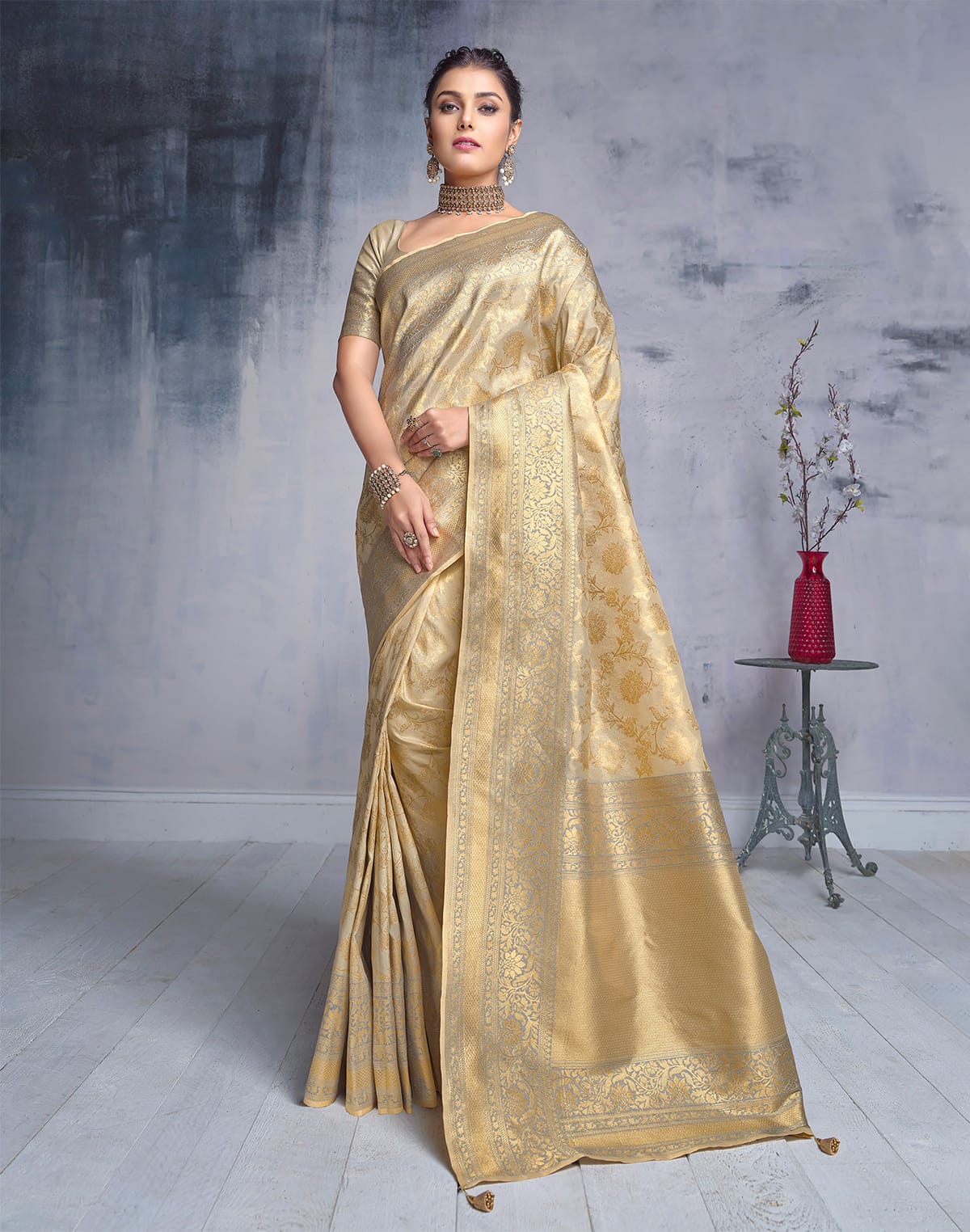 Collection of Pretty Matte Gold Banaras Tissue Fabric Saree in a gallery layout