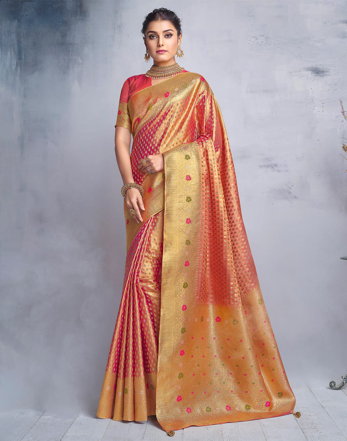 Red Tissue Saree with Golden Banaras Border