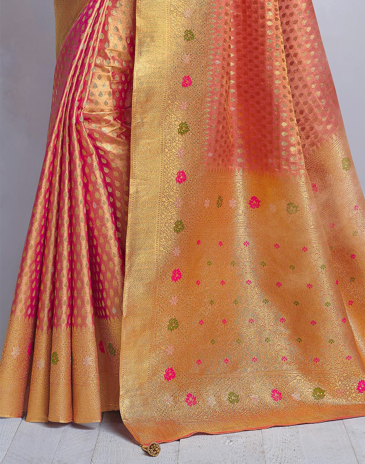 Red Tissue Saree with Golden Banaras Border