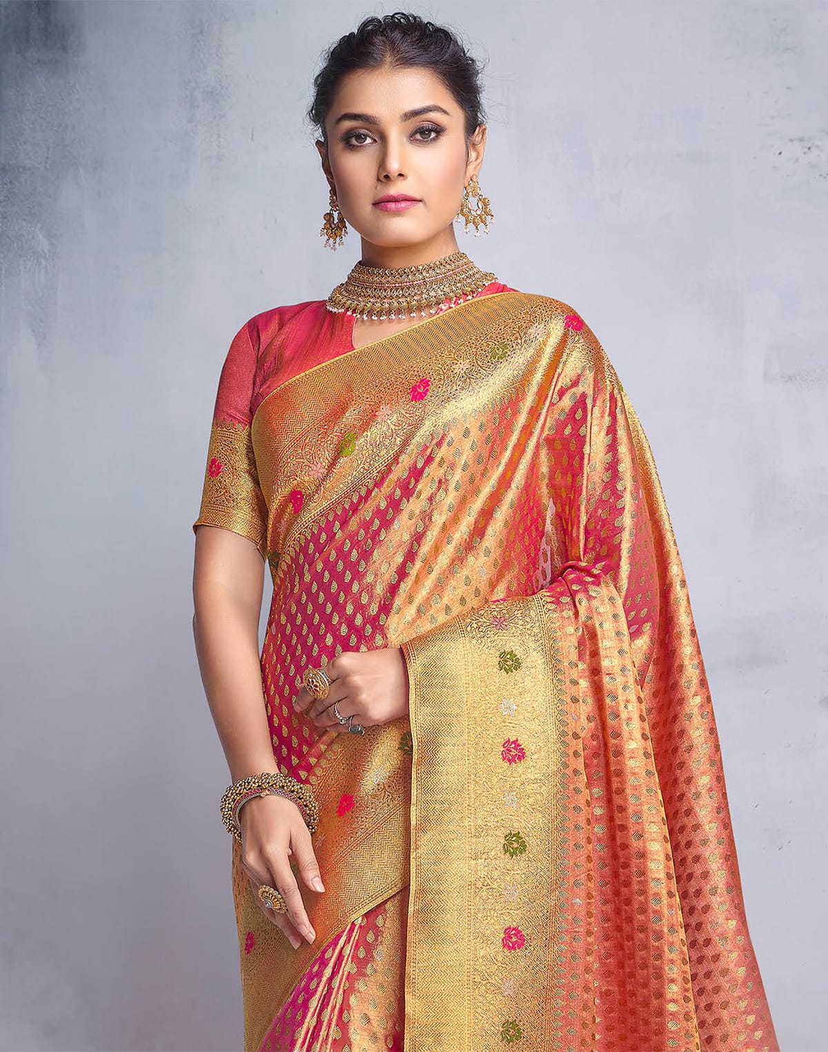 Red Tissue Saree with Golden Banaras Border