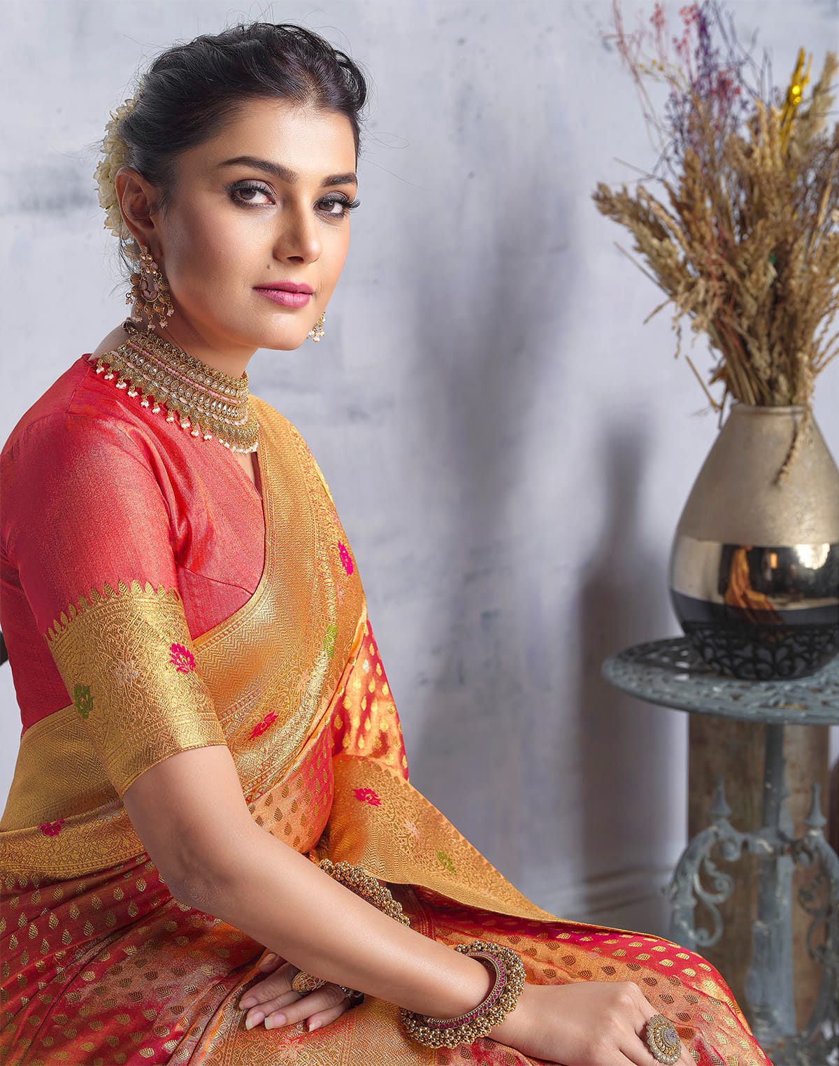 Collection of Red Tissue Saree with Golden Banaras Border in a gallery layout