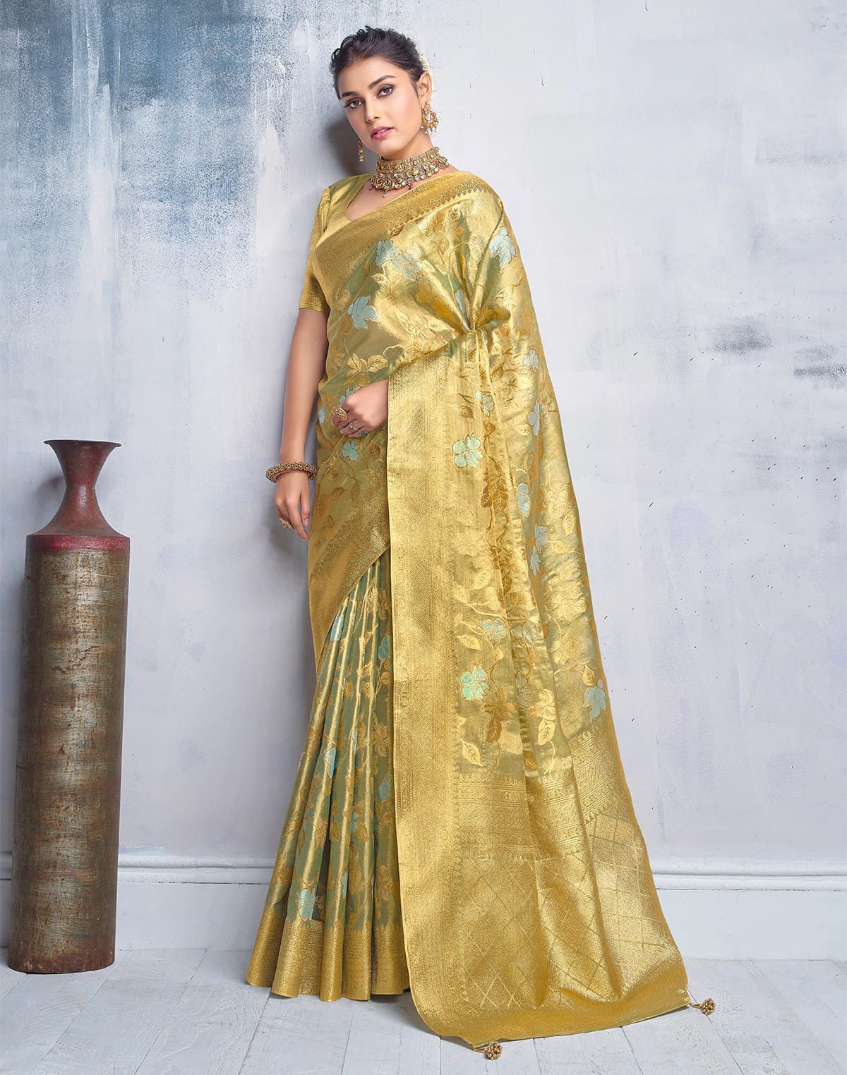 Collection of Geenish Golden Floral Banaras Tissue Saree in a gallery layout