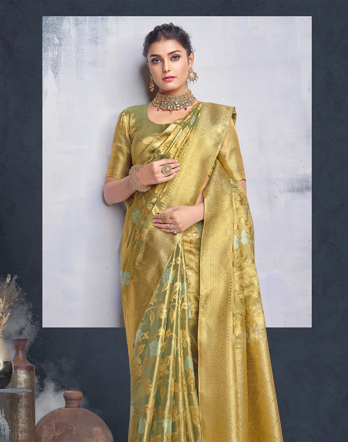 Collection of Geenish Golden Floral Banaras Tissue Saree in a gallery layout